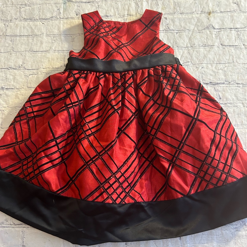 MARMELLATA RED & BLACK PLAID WITH GLITTER SLEEVELESS SATIN TIE DRESSY DRESS 24M